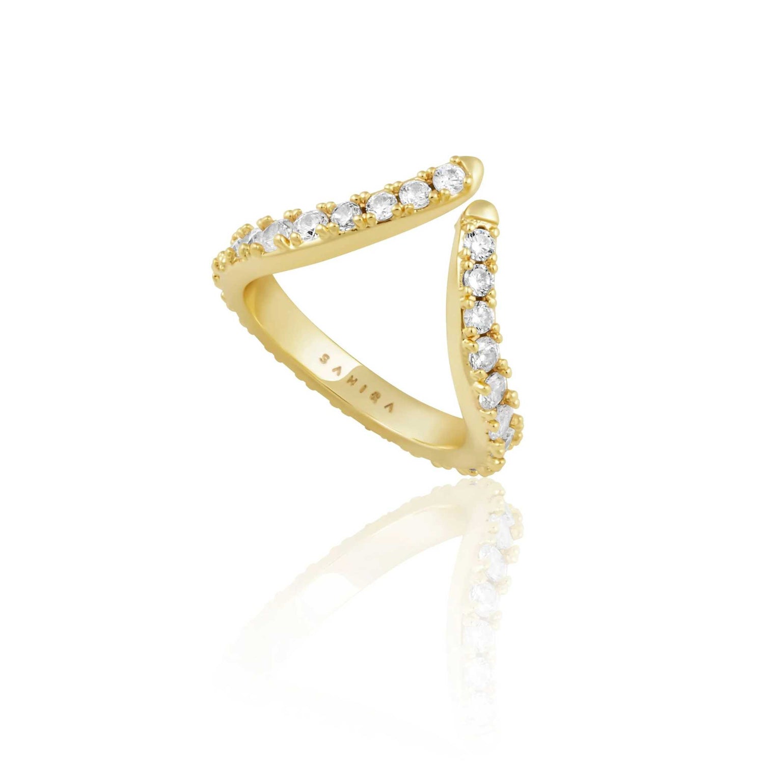 Gold open band ring with clear cubic zirconia stones, modern geometric design