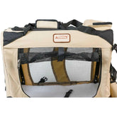 Beige soft-sided pet crate with black mesh windows and zippered front opening