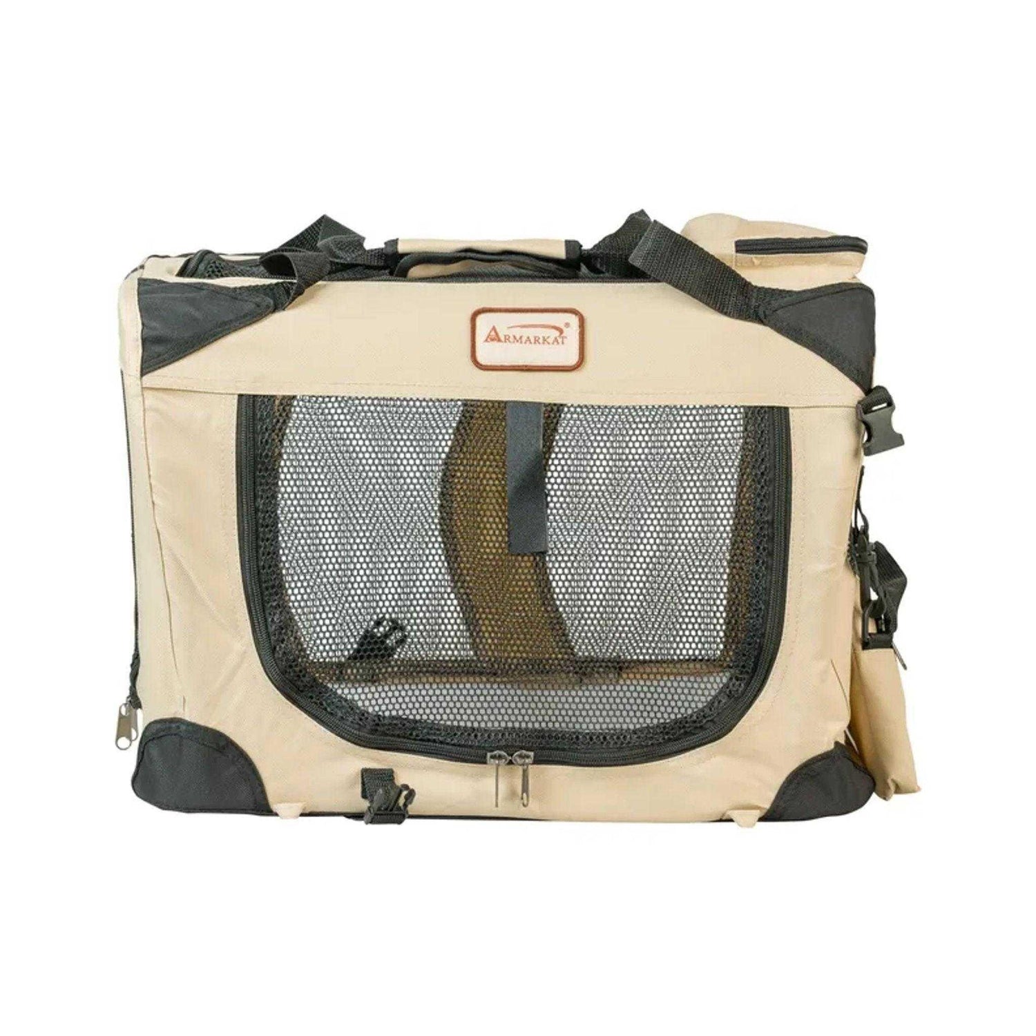 Beige folding soft pet crate with black mesh window, travel carrier design, fabric material.