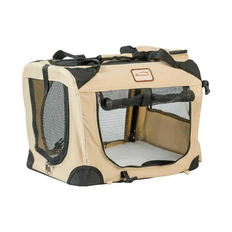 Beige soft-sided pet travel carrier with mesh panels and black trim, portable design.