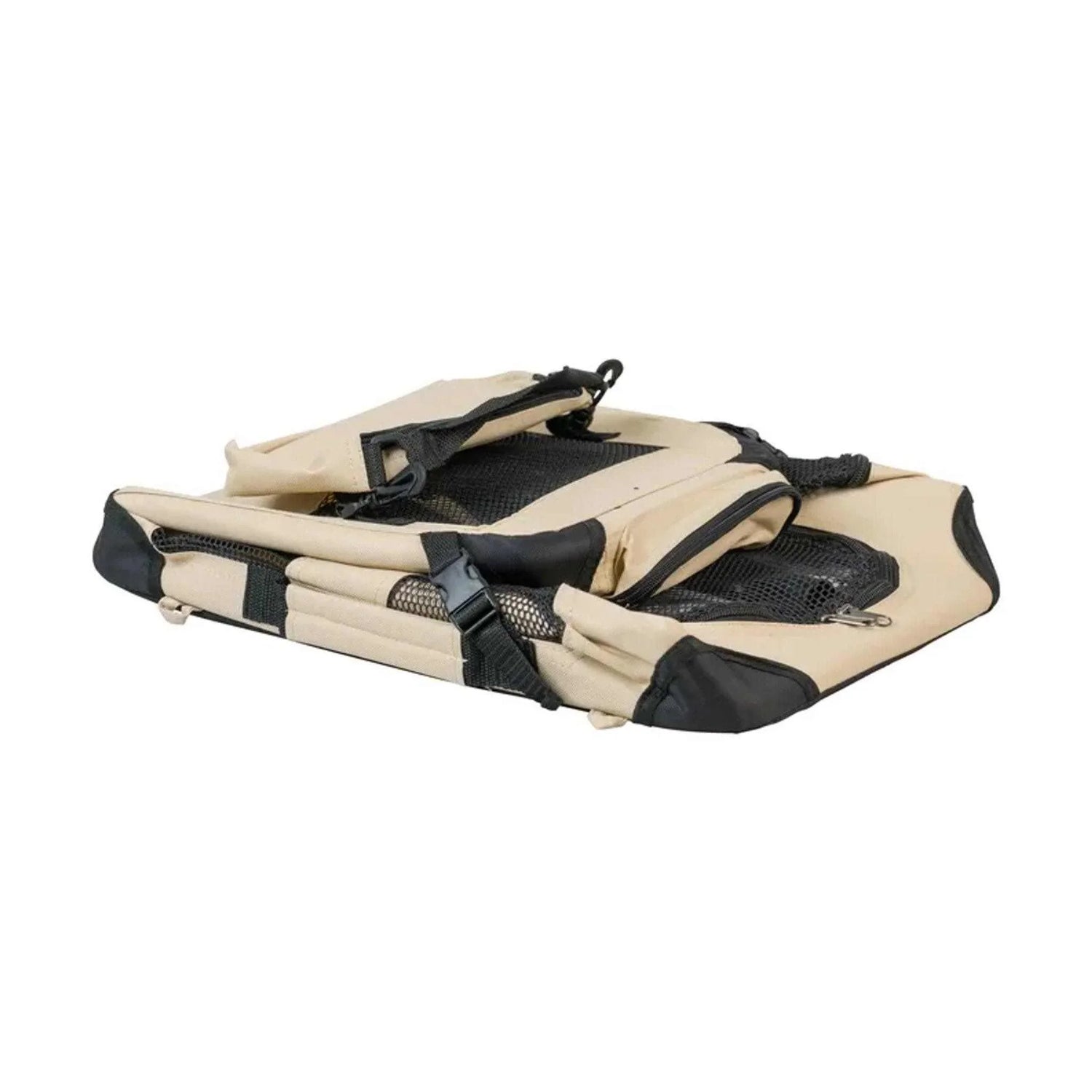 Beige and black soft folding pet carrier with mesh panels and zipper closure, shown collapsed.