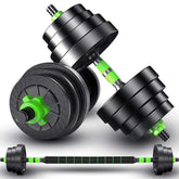 Adjustable black and green dumbbell and barbell set with rubber grip handles on white background