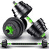 Adjustable black and green dumbbell and barbell set with rubber grip handles on white background