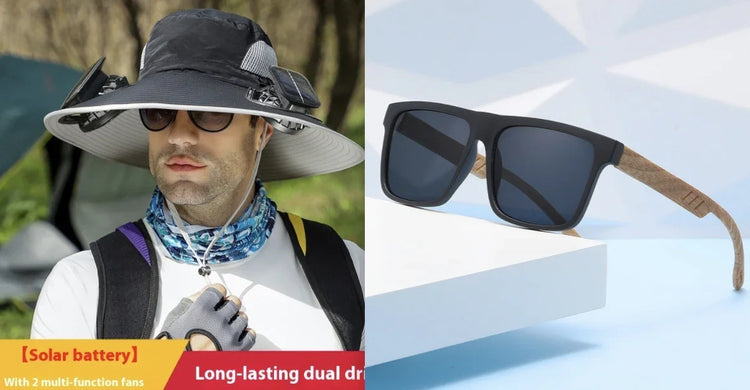 Wide-brim tech sun hat with solar panels and multifunction fans, and matte black sunglasses with wood arms