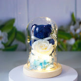 Blue plush bear with white rose and blue flowers in a glass dome with LED lights