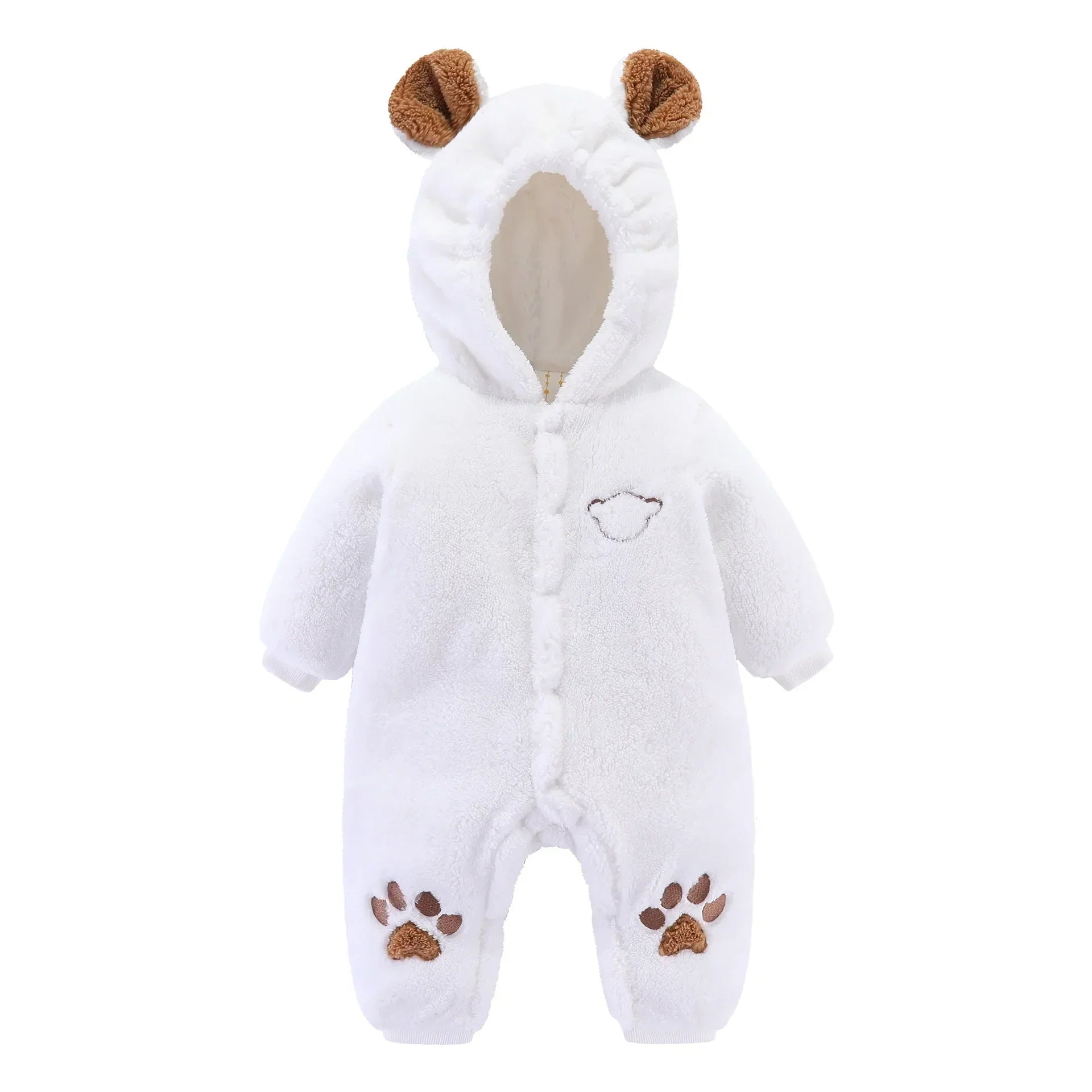 White fleece baby jumpsuit with bear ears hood and paw print details, relaxed fit