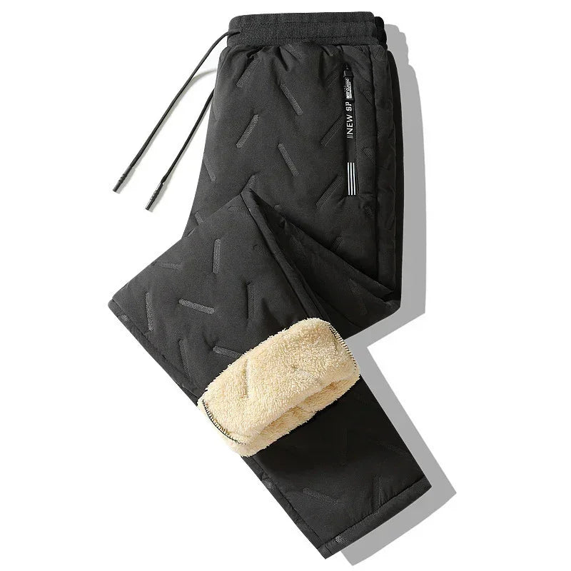 Black fleece-lined streetwear joggers with drawstring waist and textured pattern
