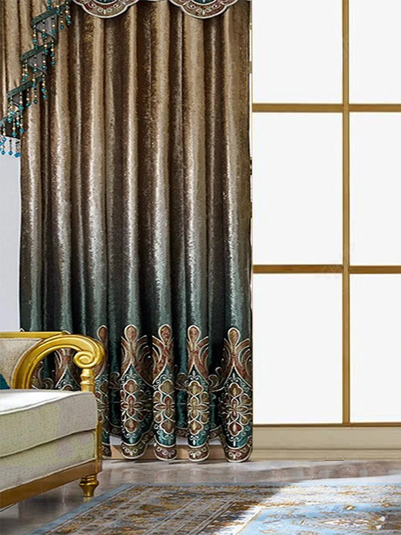 Luxurious velvet curtain in gold and teal with intricate embroidery, elegant drape, classic fit