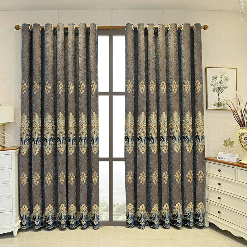 Elegant gray and gold patterned blackout curtains with floral design, grommet top, modern fit