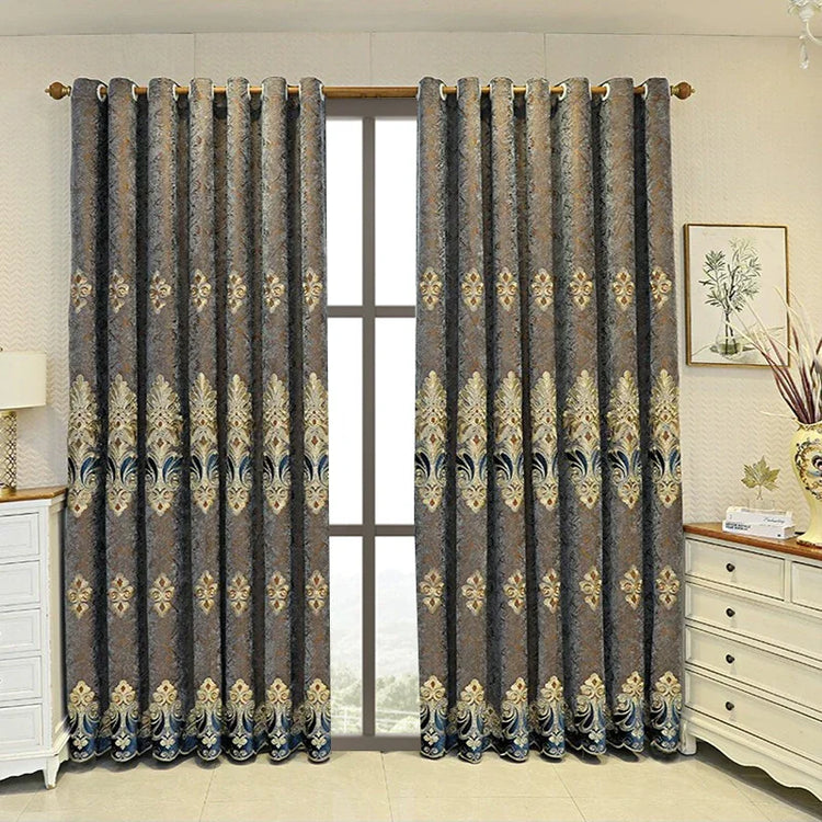 Elegant gray and gold patterned blackout curtains with floral design, grommet top, modern fit