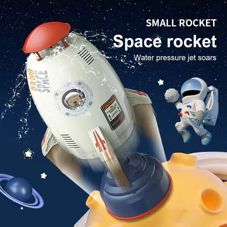 White and red toy rocket with water jet, cartoon astronaut, and space theme background