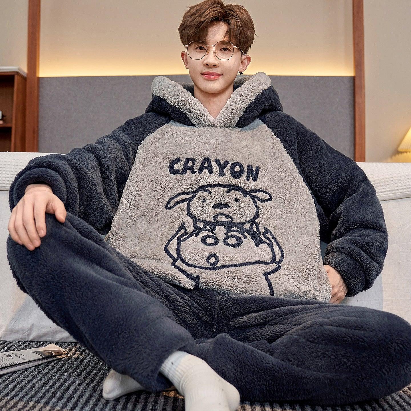 Man wearing oversized fleece loungewear set with cartoon dog graphic, dark grey and light grey, relaxed fit