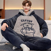 Man wearing oversized fleece loungewear set with cartoon dog graphic, dark grey and light grey, relaxed fit