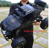 Person holding large black off-road RC car with rugged tires and metal frame outdoors