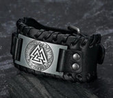 Black leather cuff bracelet with metal plate, Norse rune engraving, wide fit, streetwear style