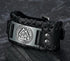 Black leather cuff bracelet with metal plate, Norse rune engraving, wide fit, streetwear style