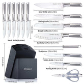 Stainless steel kitchen knife set with block, chef, bread, santoku, utility, and paring knives, steak knives, sharpener, and scissors.