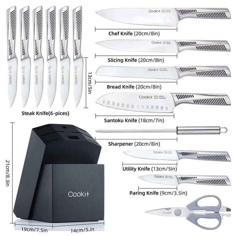 Stainless steel kitchen knife set with block, chef, bread, santoku, utility, and paring knives, steak knives, sharpener, and scissors.