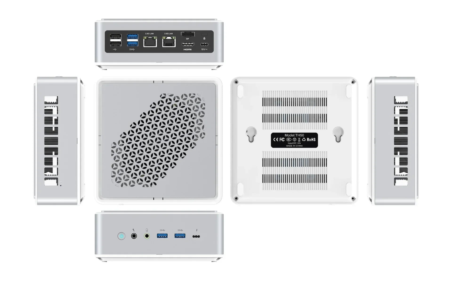 Silver mini PC with multiple ports, ventilation panels, compact aluminum case, top and bottom views