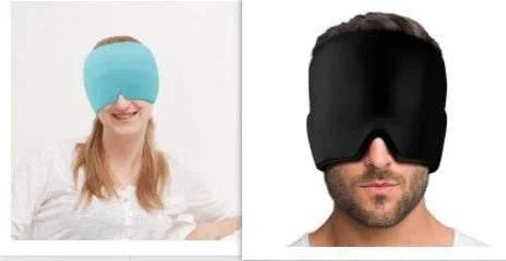 Two people wearing oversized sleep masks, one in light blue, one in black, soft fabric, full eye coverage.