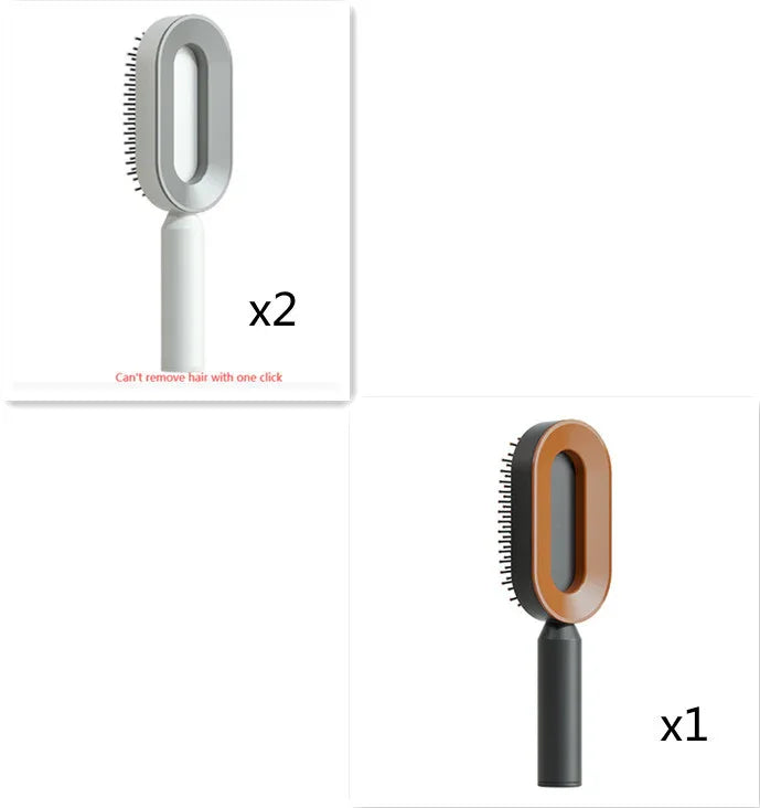 Two light gray and one brown oval hair brushes with ergonomic handles, modern design