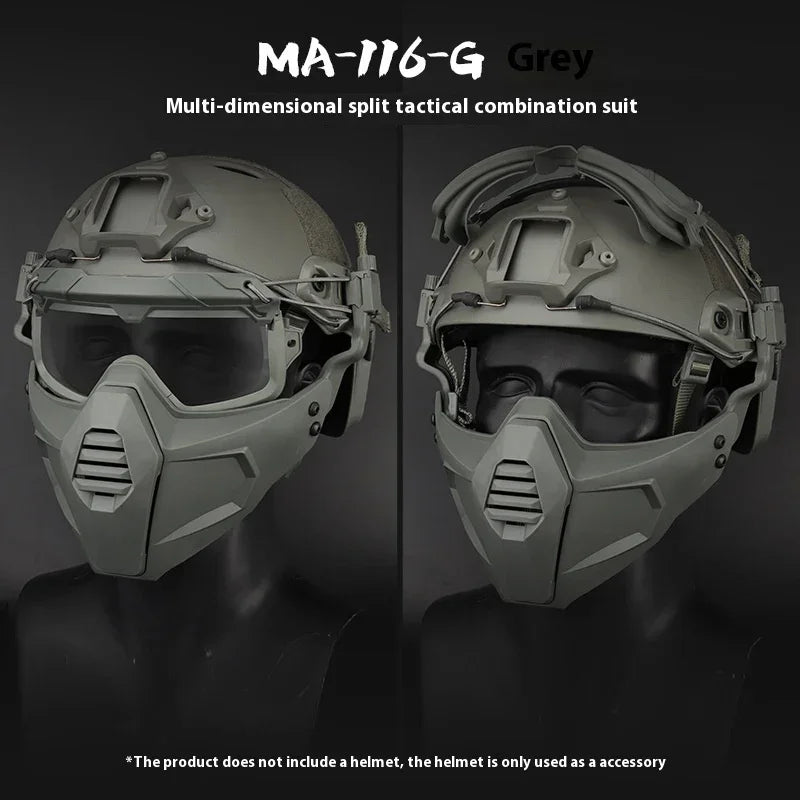 Grey tactical mask with detachable face shield and goggles, modern streetwear accessory