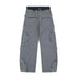 Wide leg grey denim jeans with exposed raw seams, frayed detailing, loose fit streetwear style