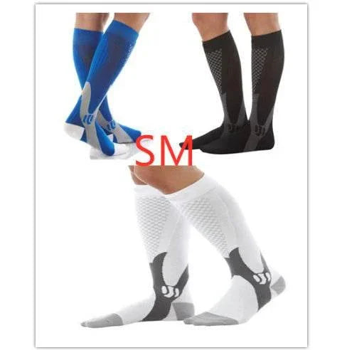 Men wearing knee-high athletic compression socks in blue, black, and white with geometric patterns.