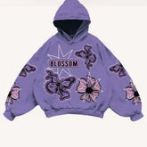 Oversized lavender hoodie with bold butterfly and flower graphics, soft cotton, relaxed fit