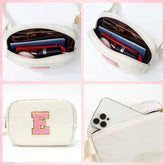 YOOLIFE Initial Crossbody Bag white personalized fanny pack with pink letter E embroidery and phone compartment