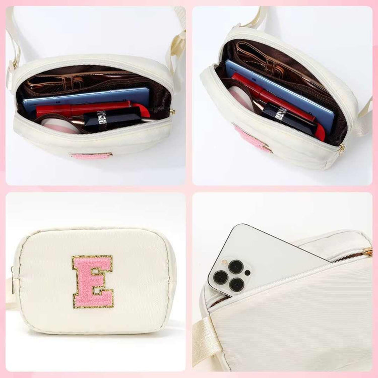 YOOLIFE Initial Crossbody Bag white personalized fanny pack with pink letter E embroidery and phone compartment