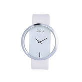 Minimalist silver and white wristwatch with wide band and open circular face