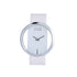 Minimalist silver and white wristwatch with wide band and open circular face