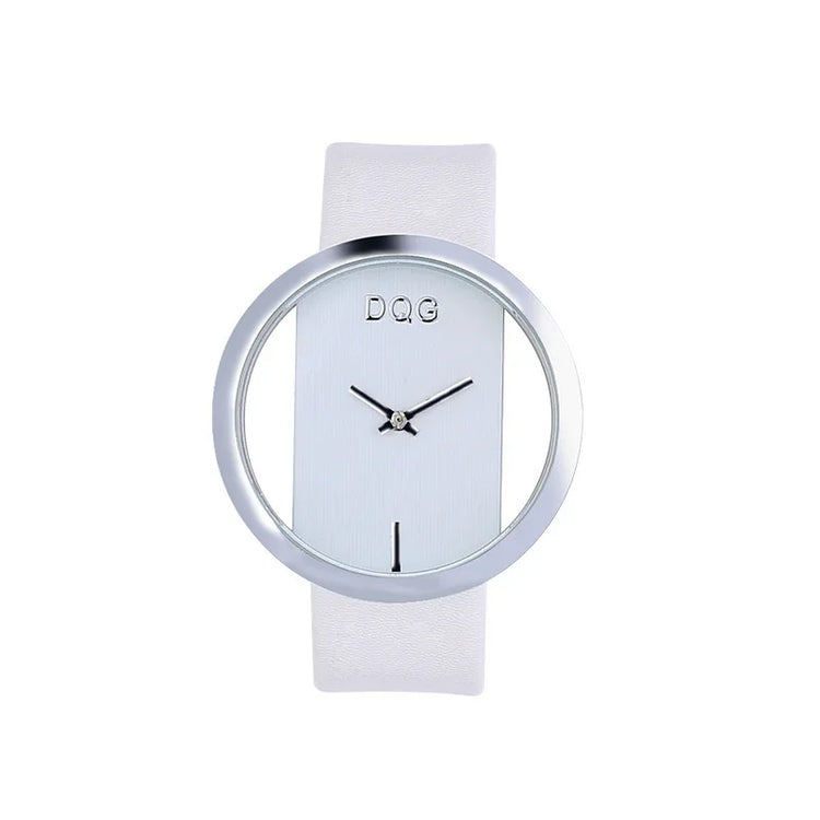 Minimalist silver and white wristwatch with wide band and open circular face