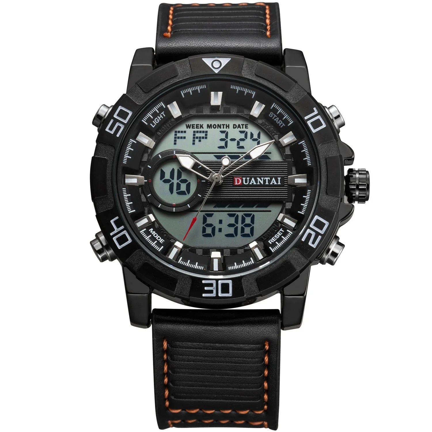 Black dual-display digital analog watch with leather strap and orange stitching