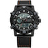 Black dual-display digital analog watch with leather strap and orange stitching