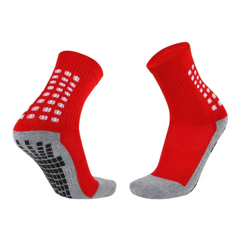 Red and gray athletic grip socks with cushioned sole and anti-slip rubber pads