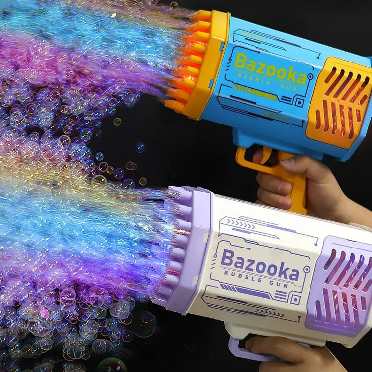 Colorful plastic bubble guns shooting rainbow bubbles, modern toy design