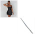 Woman in a fitted black satin mini dress with square neckline and flared skirt, silver bracelet accessory