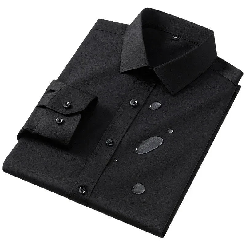 Folded black button-up shirt with water-repellent fabric and classic fit