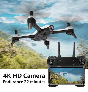 Black and silver quadcopter drone with 4K HD camera flying outdoors, remote controller displayed below.
