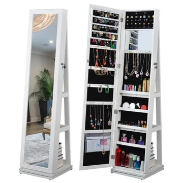 White freestanding mirrored jewelry armoire with shelves and organized accessories.