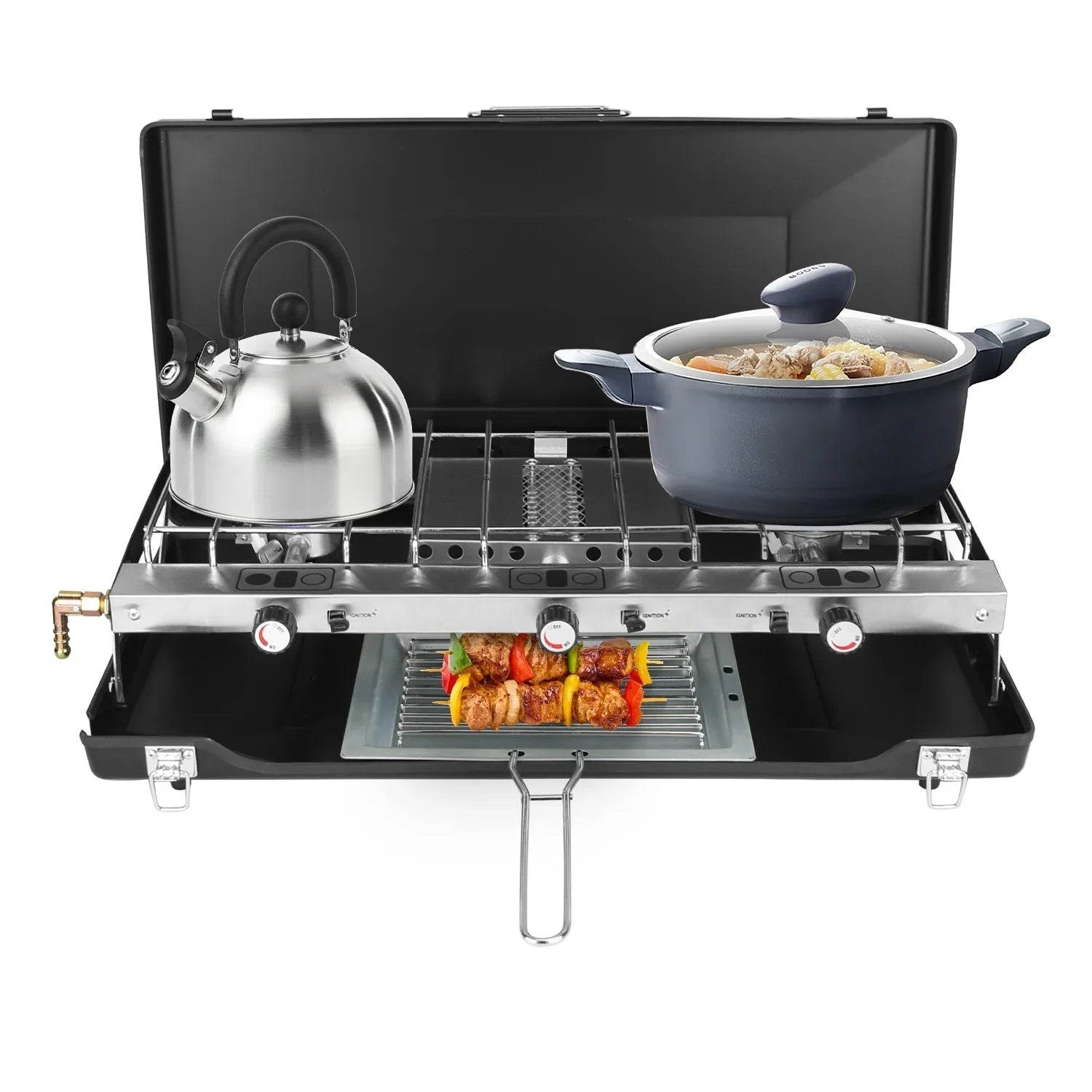 Portable outdoor gas stove with stainless steel kettle, blue pot, and skewers grilling