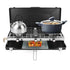 Portable outdoor gas stove with stainless steel kettle, blue pot, and skewers grilling