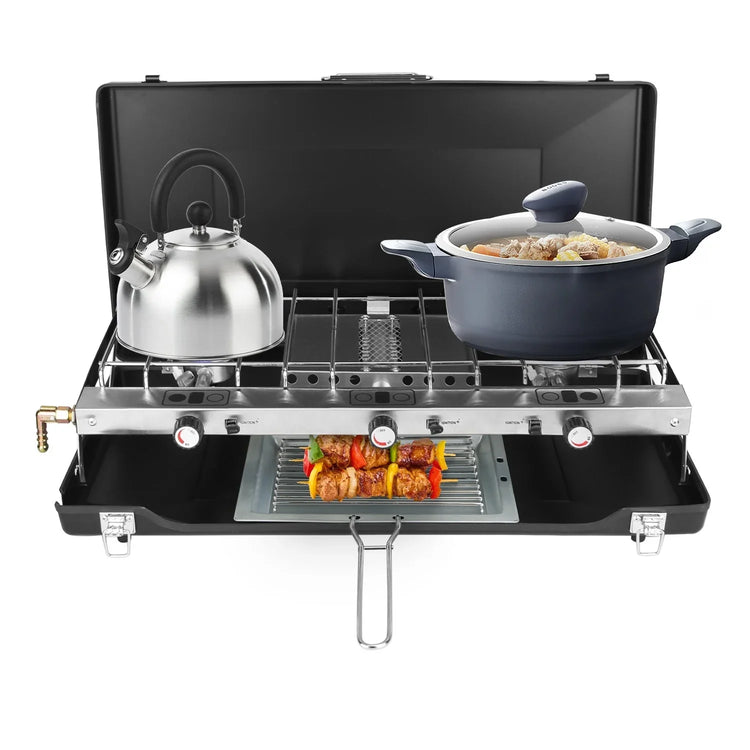 Portable outdoor gas stove with stainless steel kettle, blue pot, and skewers grilling