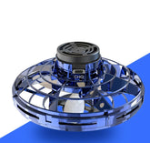 Futuristic blue transparent plastic handheld mini drone with visible propeller and charging port