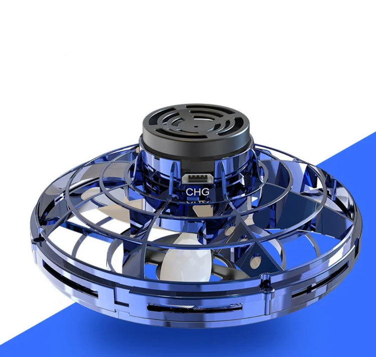 Futuristic blue transparent plastic handheld mini drone with visible propeller and charging port