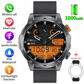 Futuristic black mesh band smartwatch with orange digital display, rugged metal case, and health tracking features.
