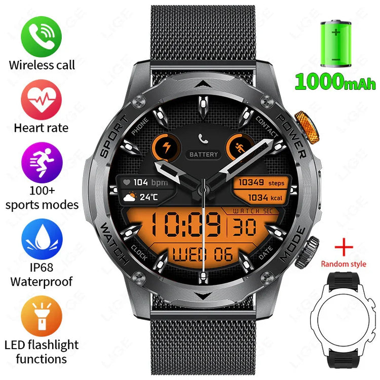 Futuristic black mesh band smartwatch with orange digital display, rugged metal case, and health tracking features.