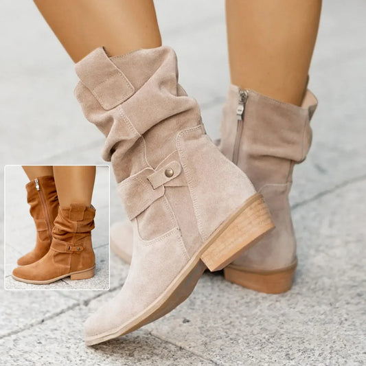Women’s slouchy suede ankle boots in beige and tan, with low heels and side zipper.